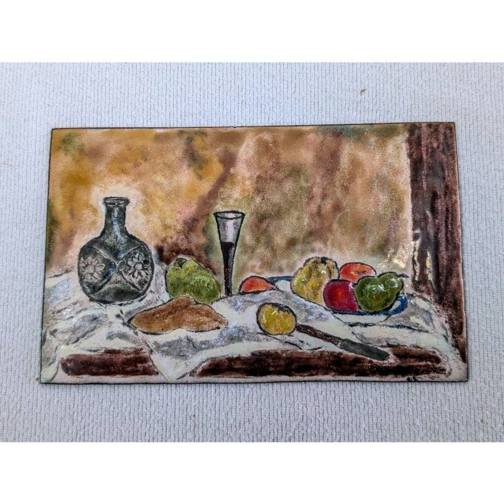 Vintage MCM Miniature Enamel on Copper Still Life Painting 5.5x3.5" Signed Fruit